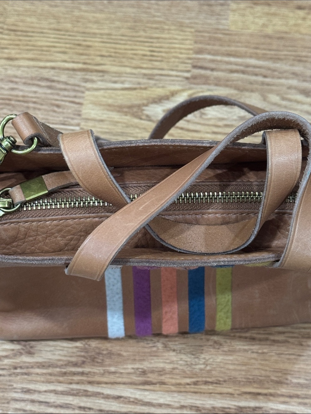 Madewell Small Transport Striped Tote Crossbody Bag in a brown leather colorway - Picture 5 of 8